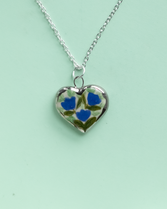 Blue Wildflower Heart Necklace