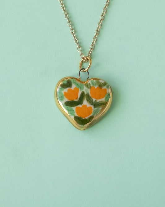 Orange Wildflower Heart Necklace