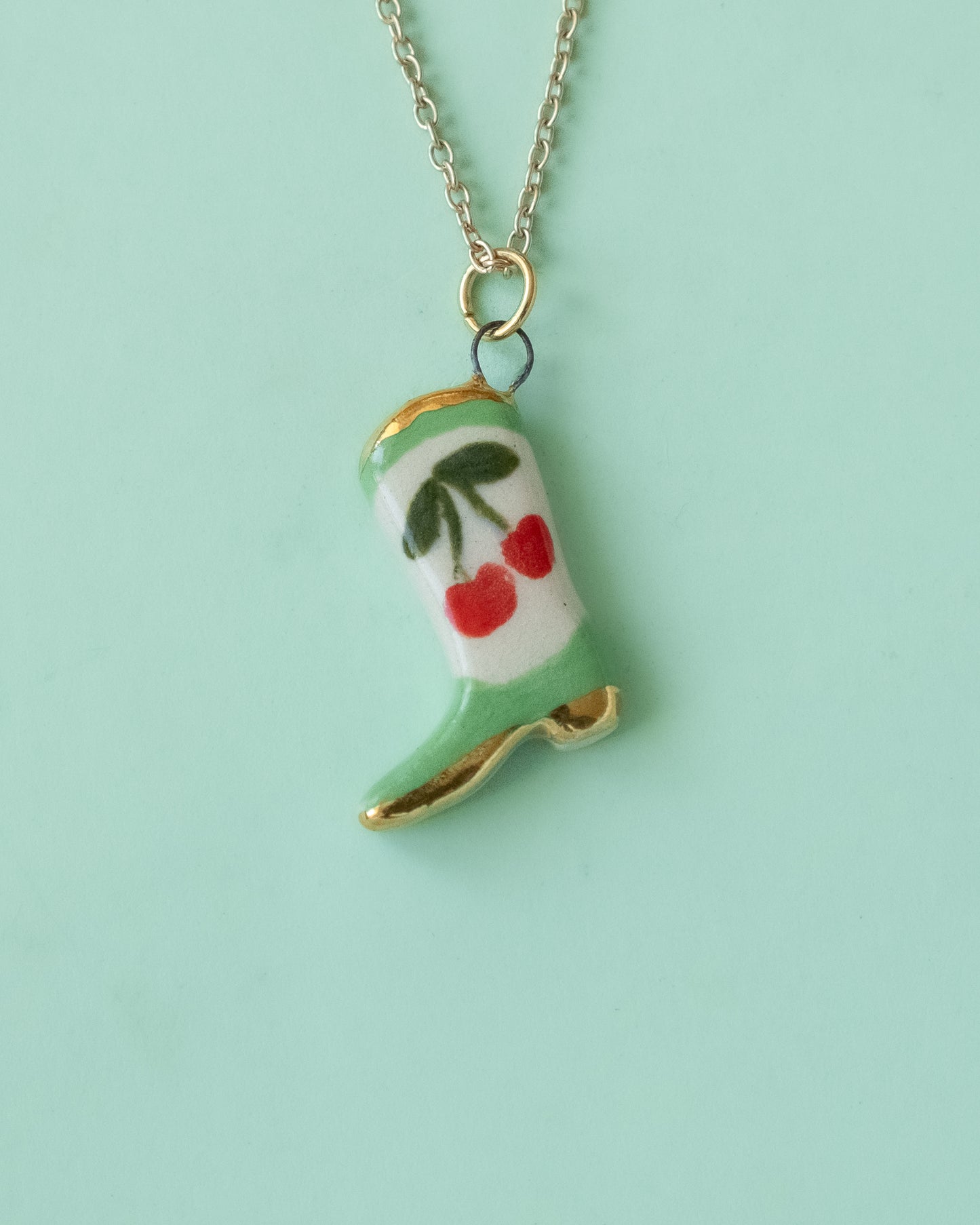 Green Cherry Boot Necklace